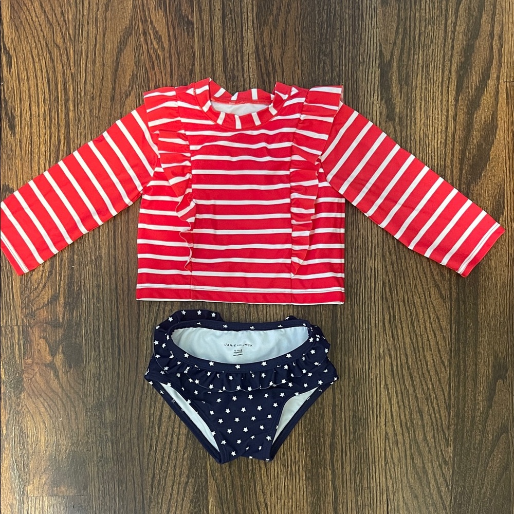Janie and Jack Red and Navy Striped Rashguard Set